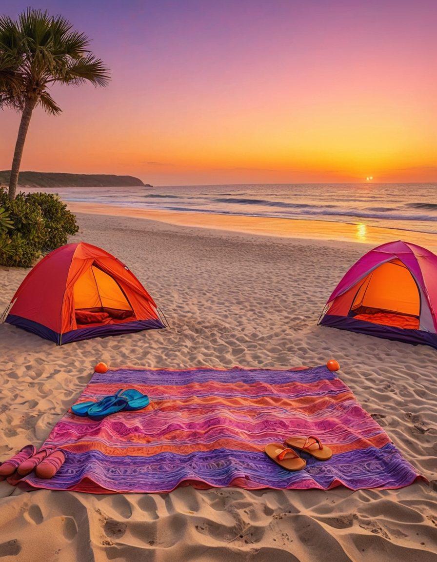 A serene beach scene featuring gentle waves lapping at the shore, with colorful beachwear items like swimsuits, sun hats, and flip-flops scattered artistically in the sand. Adjacent to the beach, a cozy campsite with a warm, inviting tent and plush bedding peeking out, accentuated by soft lighting of lanterns. The backdrop showcases a stunning sunset over the ocean, blending vibrant colors of orange, pink, and purple. super-realistic. vibrant colors. warm tones.